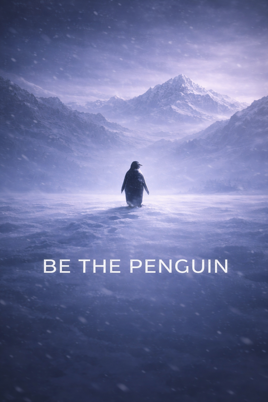 Lone penguin walking toward mountains in a snowstorm