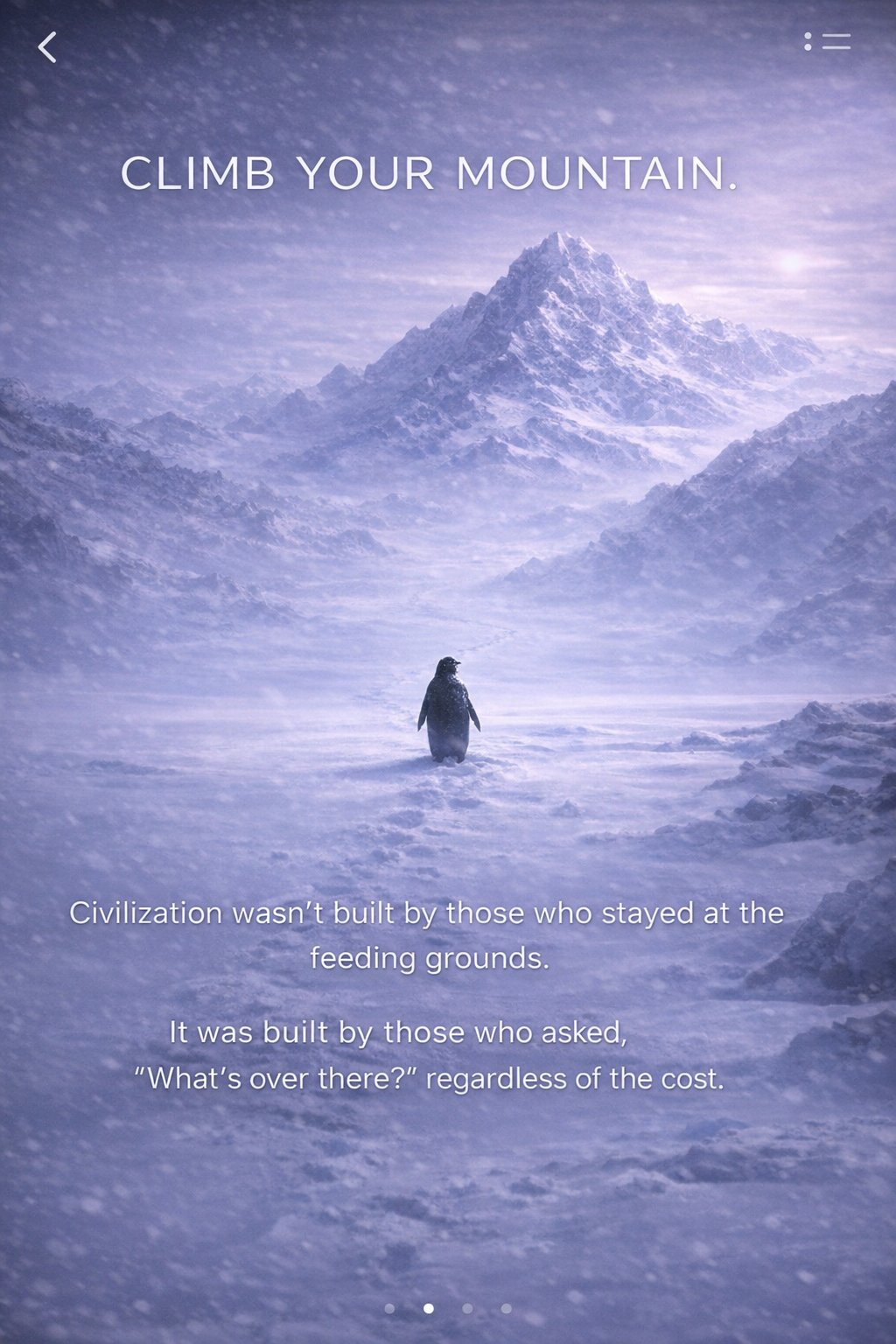 Penguin facing majestic mountain peaks